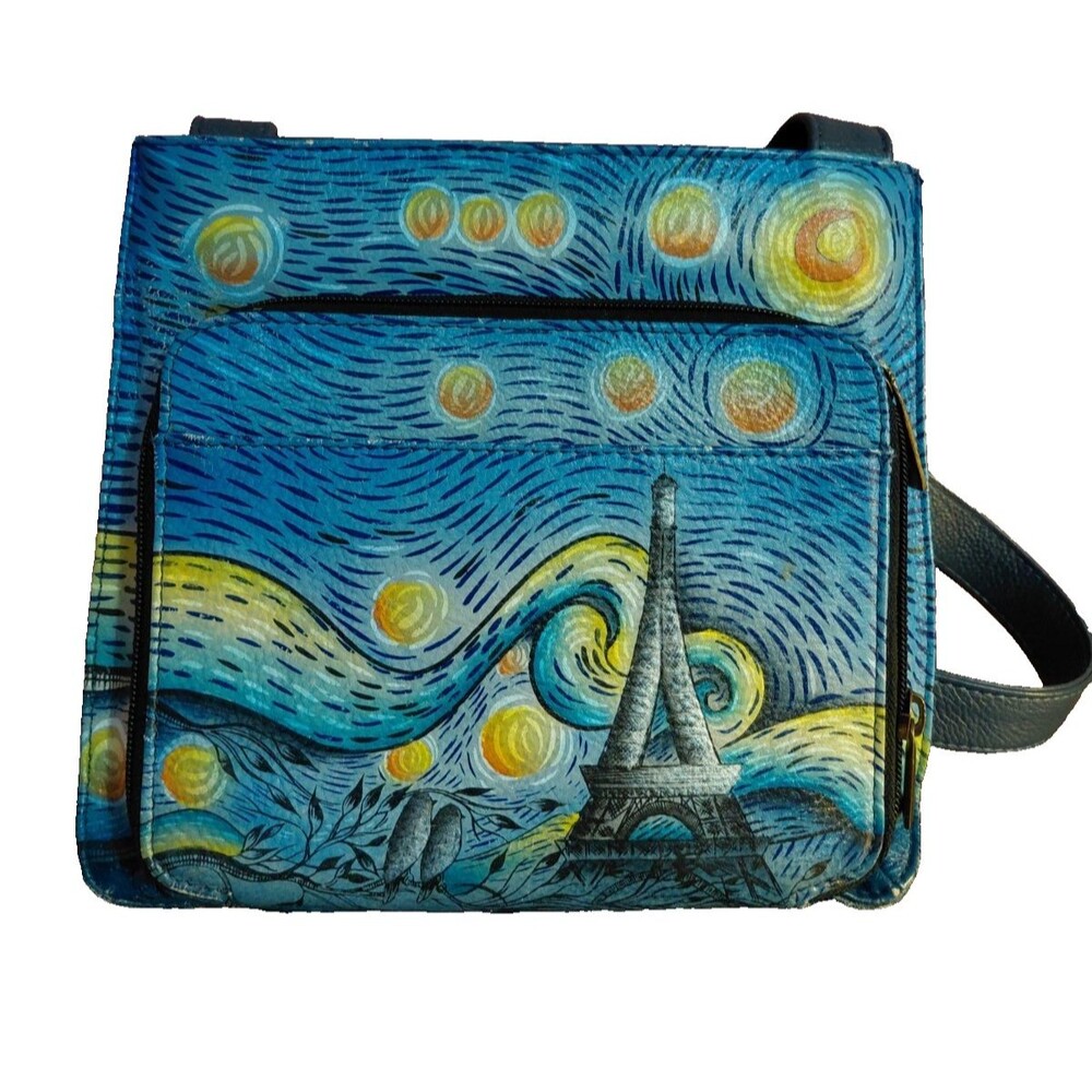 ANUSCHKA Handpainted Leather Crossbody Bag Stary Night Paris Sky Purse